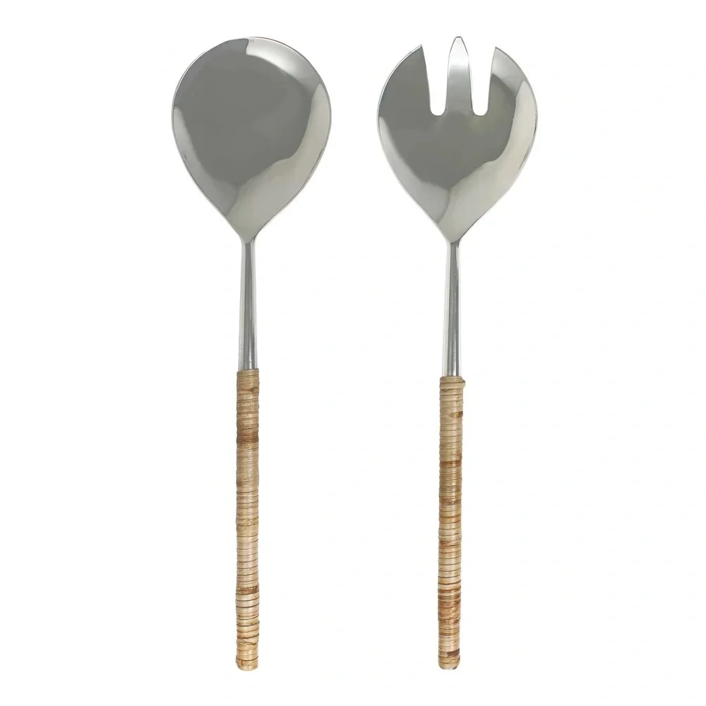 bnwt NATURAL RATTAN HANDLED SALAD SERVERS